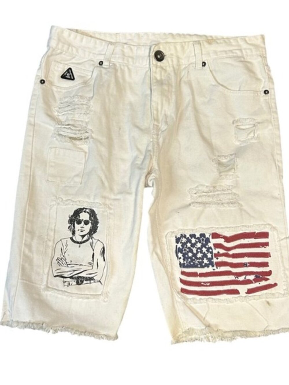 DNM Collection Mens White Distressed Denim Shorts Graphic Patches Size 34